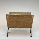 Vintage woven rope folding magazine rack with black metal frame, 1960s