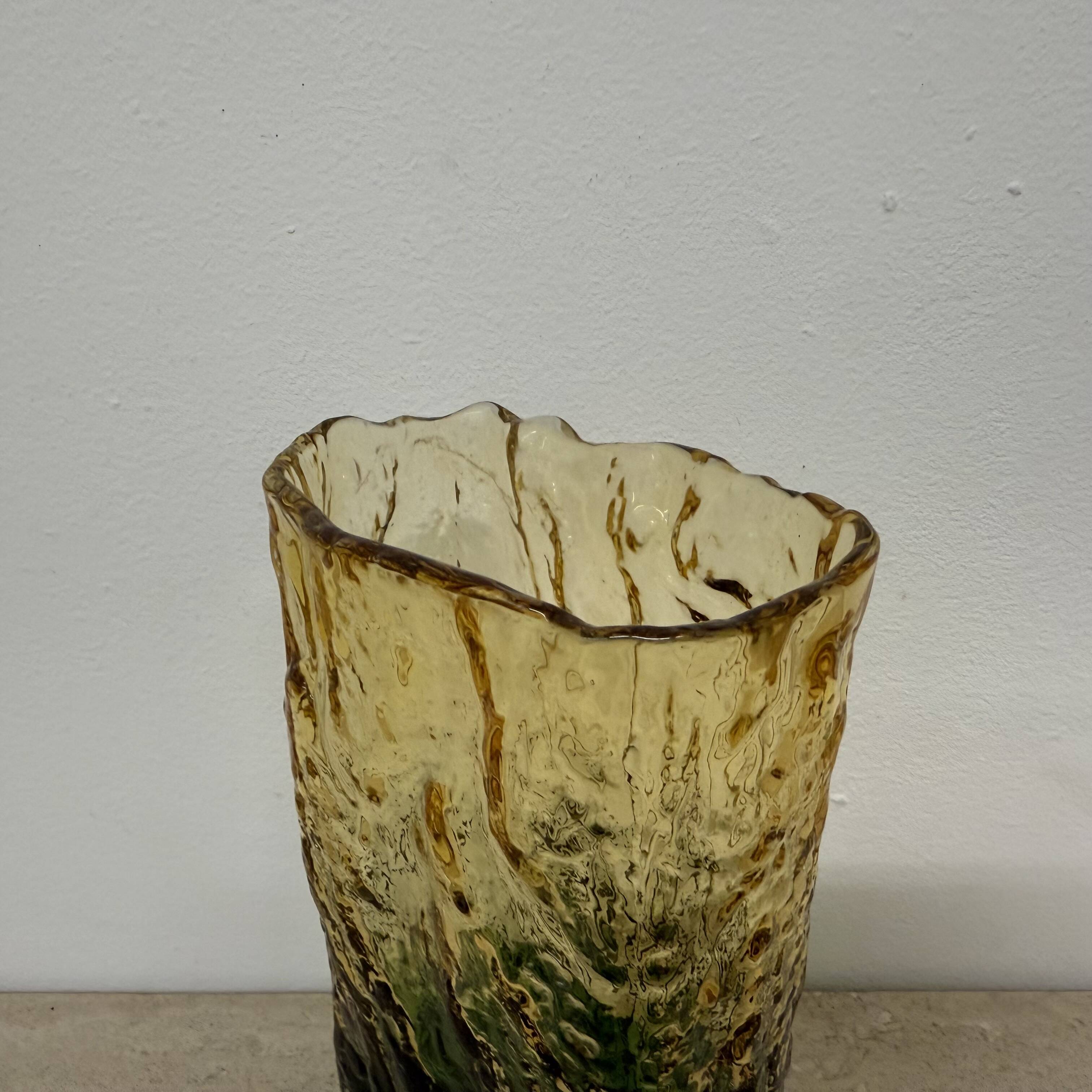 Vintage bark glass vase yellow and green , 1970’s