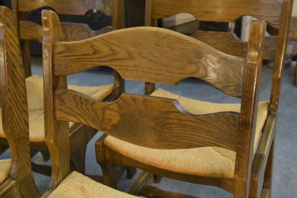 Set of 6 solid oak chairs with straw seats in the style of Guillerme and Chambron, 1950s