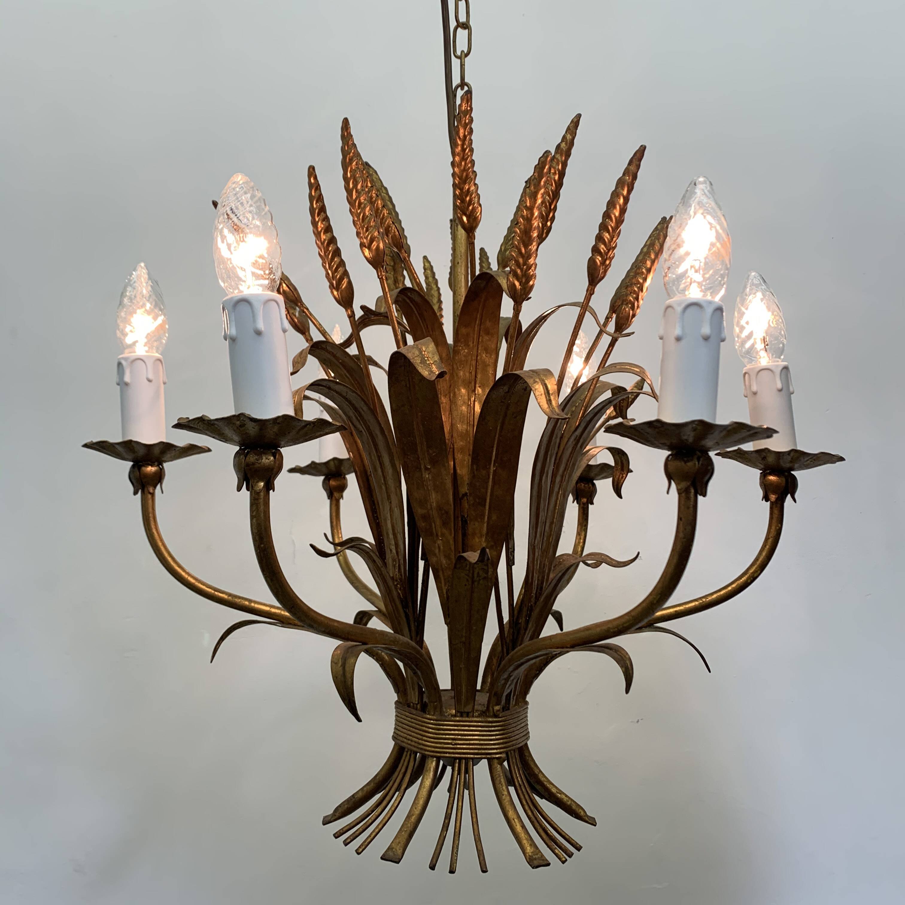 Large wheat sheaf leaf gold gilt chandelier, 1960’s