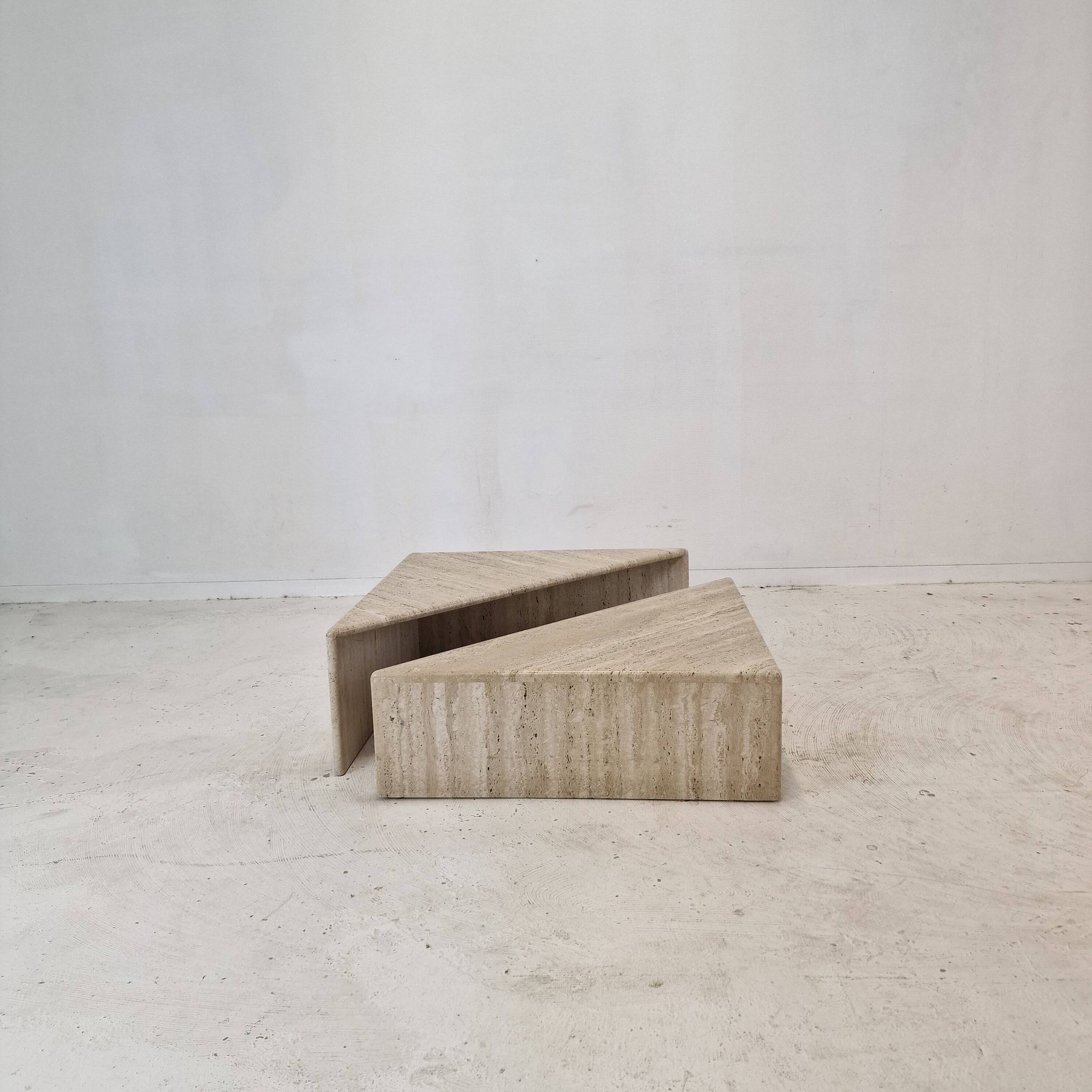 Set of Two Triangle Coffee Tables In Travertine By Up & Up, Italy 1980's