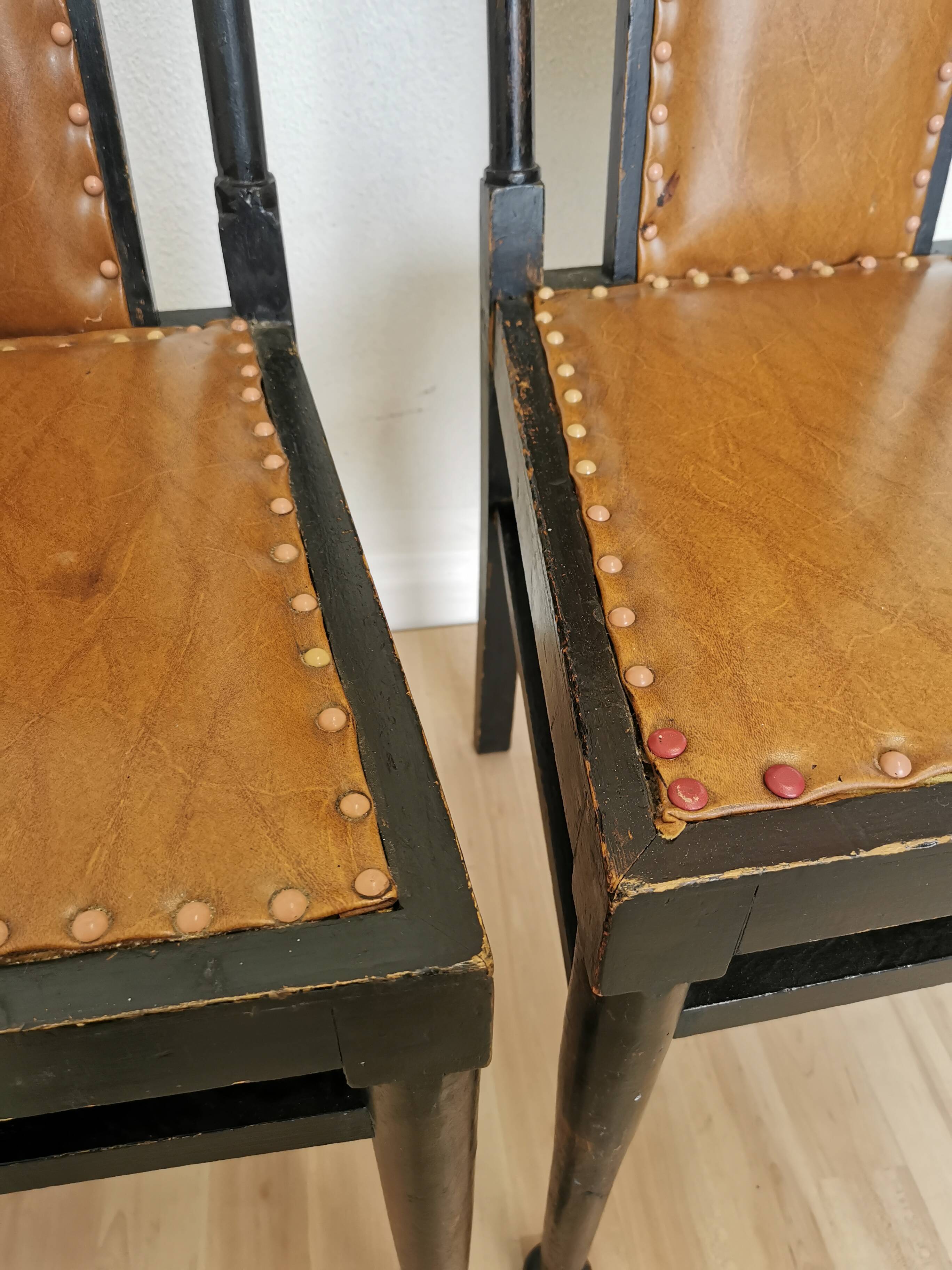 Set of 3 Vintage Dining Chairs: High Back, Leather Seat, Nailhead Trim
