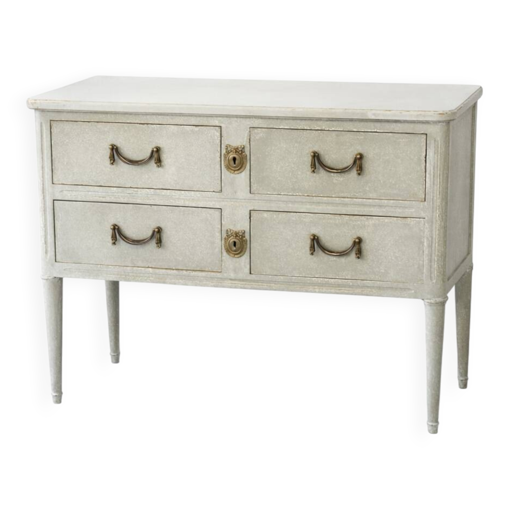 Commode Shabby Chic Style Gustavien Gris Taupe Patine Marbre 4 Tiroirs
