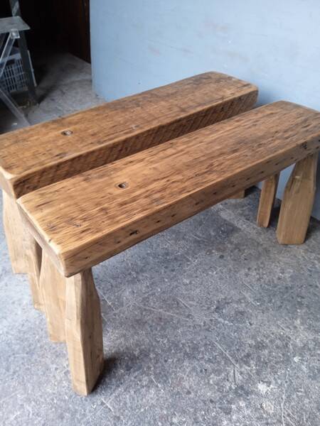 Pair of 2 patinated solid wood benches / stools
