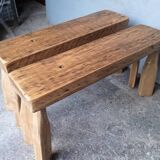 Pair of 2 patinated solid wood benches / stools