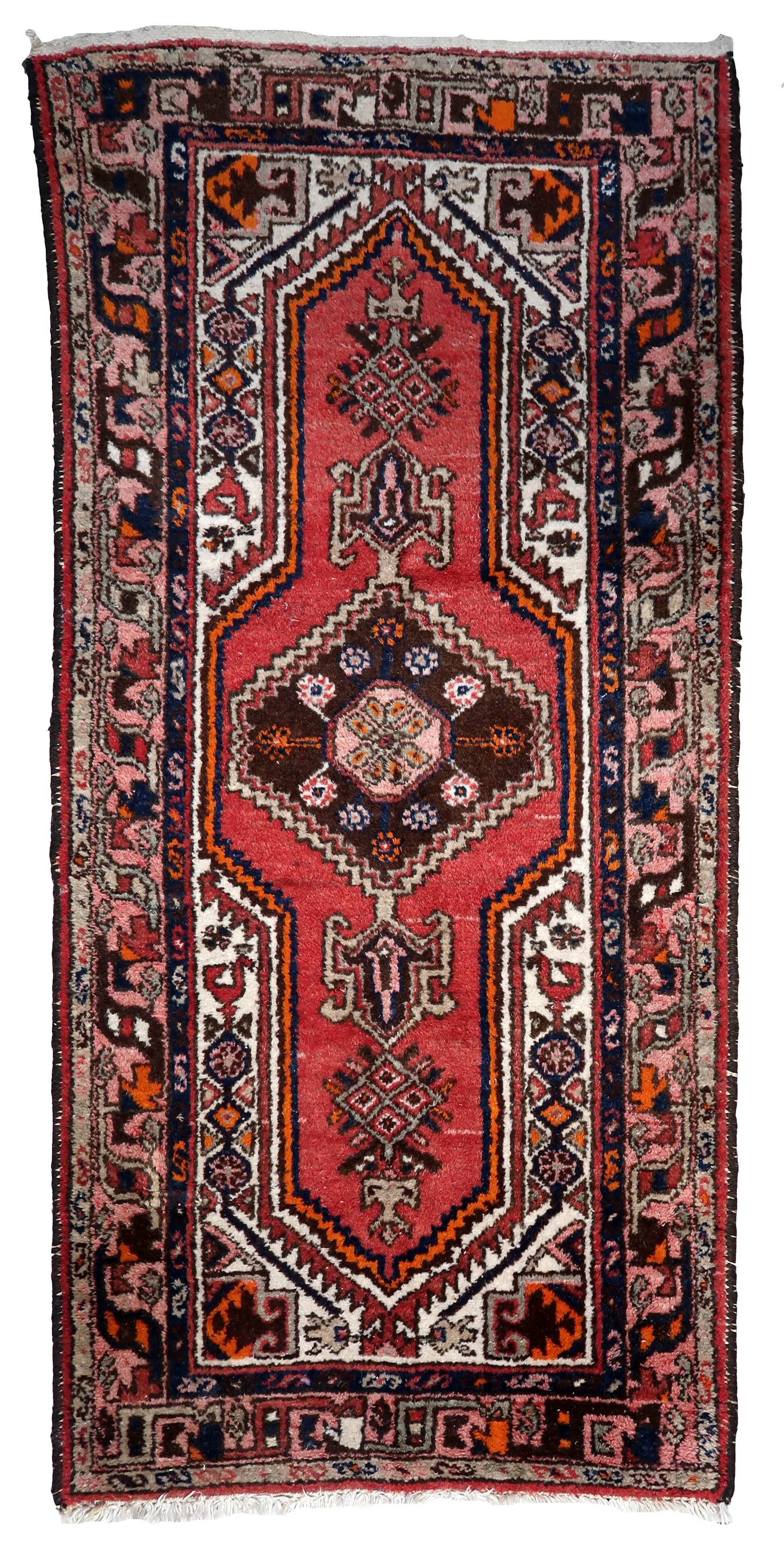 Handmade vintage Persian Hamadan rug 93cm x 196cm 1970s