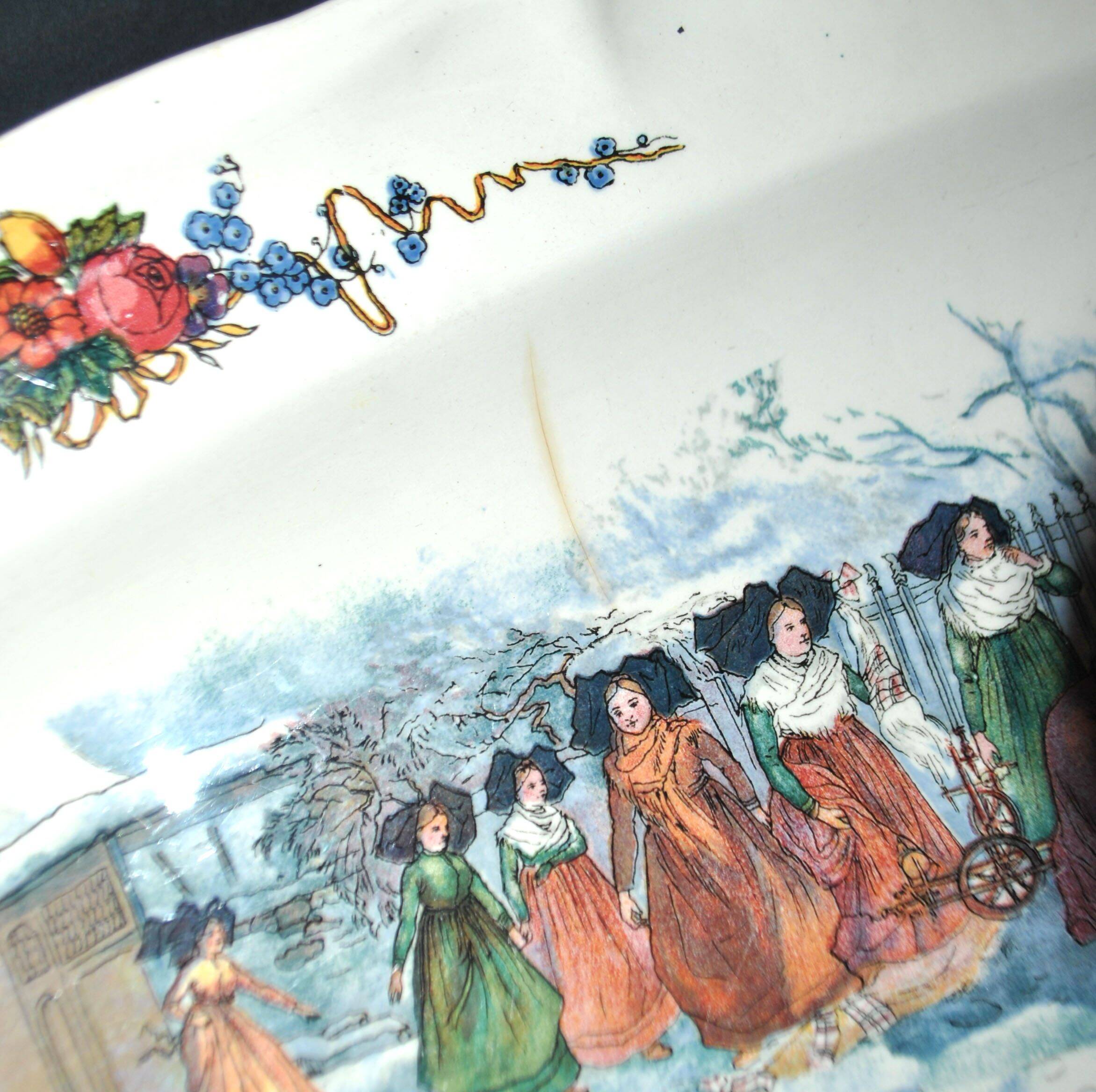 Sarreguemines large oval dish Obernai the snowball fight H. Loux