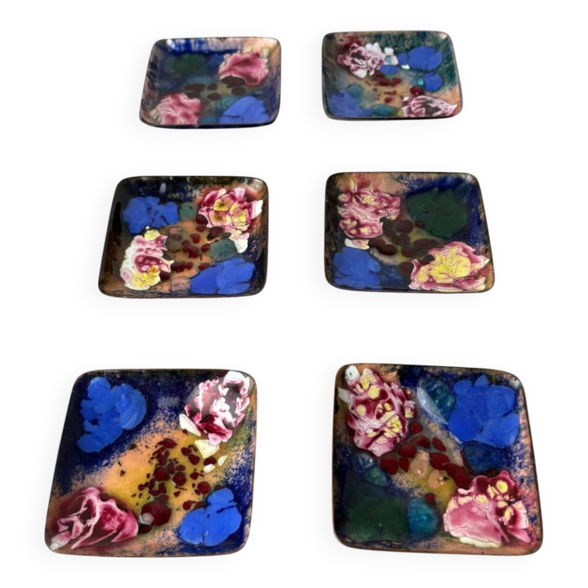 Set of 6 modernist enamel soy dishes by J. Capo Esmaltes, Spain, 1970s