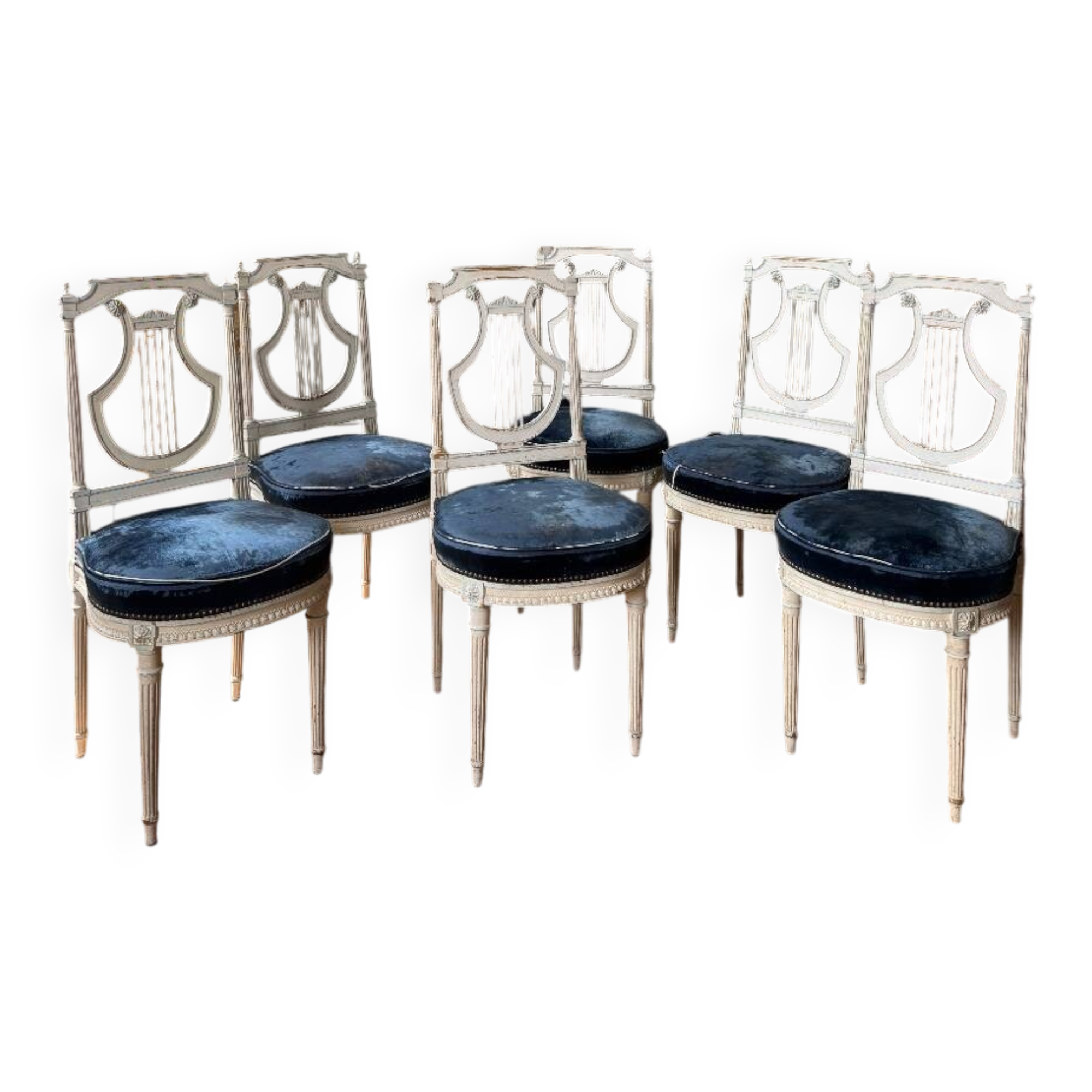 Set of 6 lyre chairs from the Napoleonic III period in painted wood in the Louis XVI style.