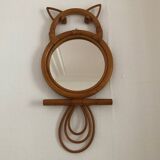 Vintage rattan cat owl mirror