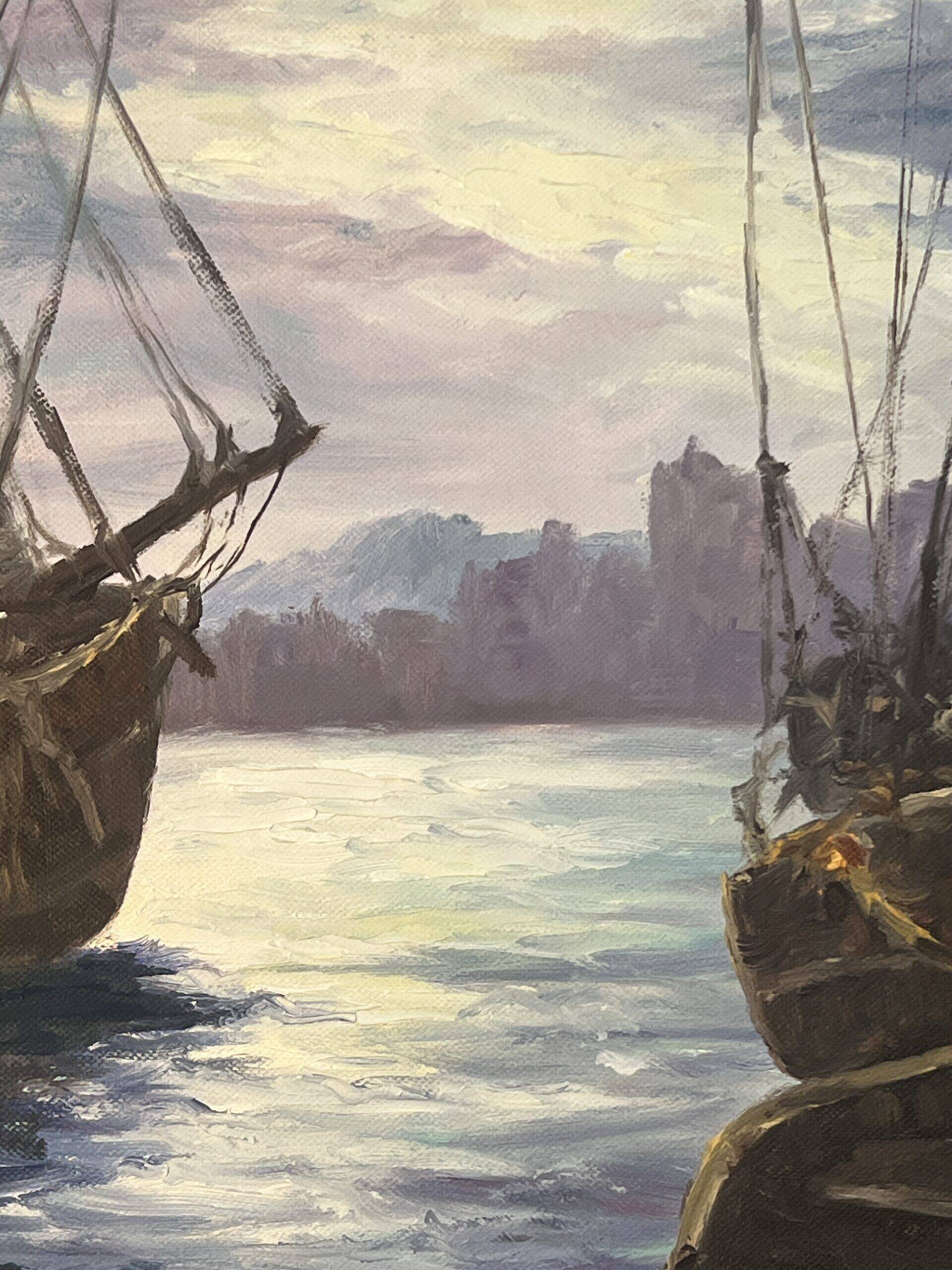 Painting by G. Bournonville, signed and dated 1986, oil on cardboard, boats at the quay