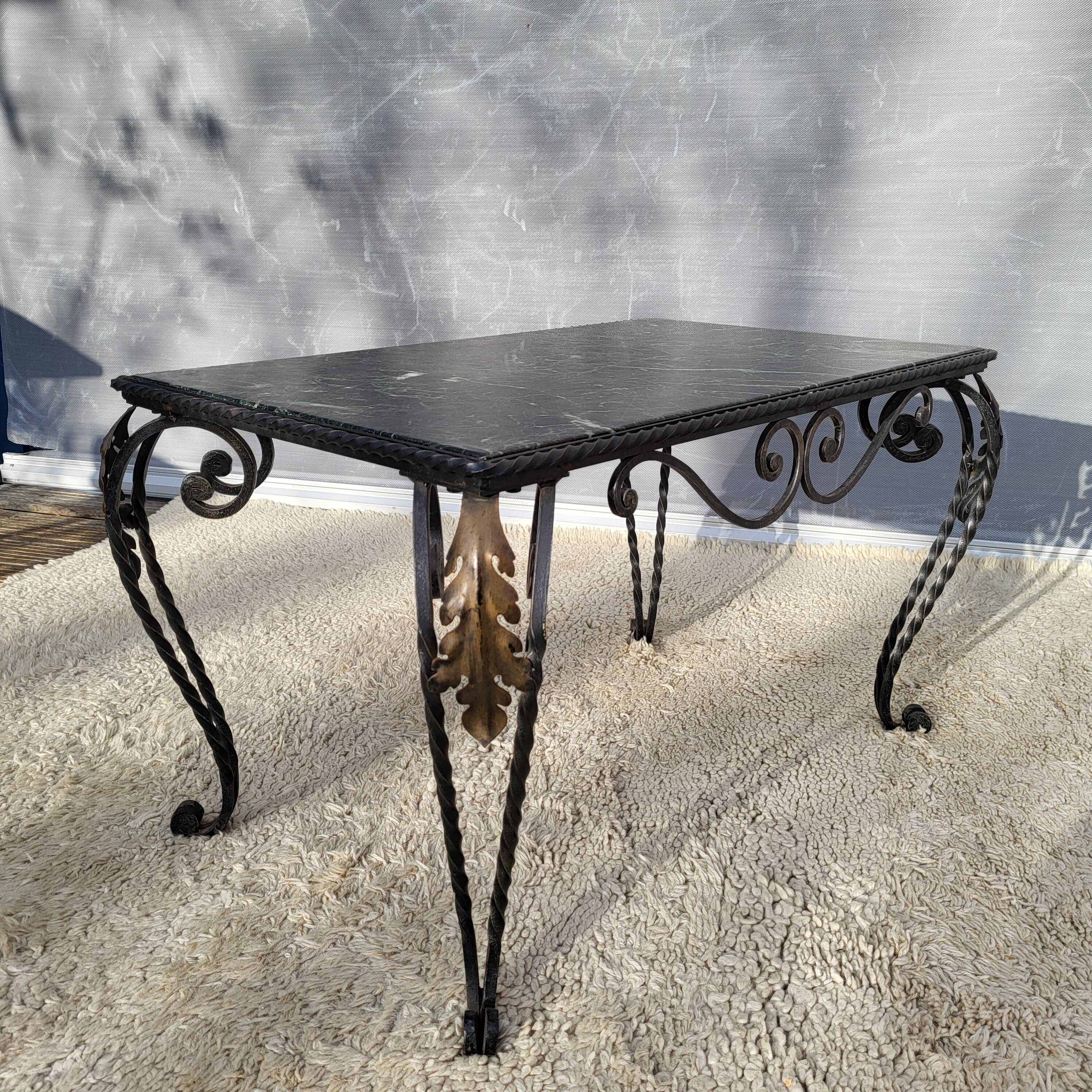 Arletty coffee table in wrought iron and sea green marble.