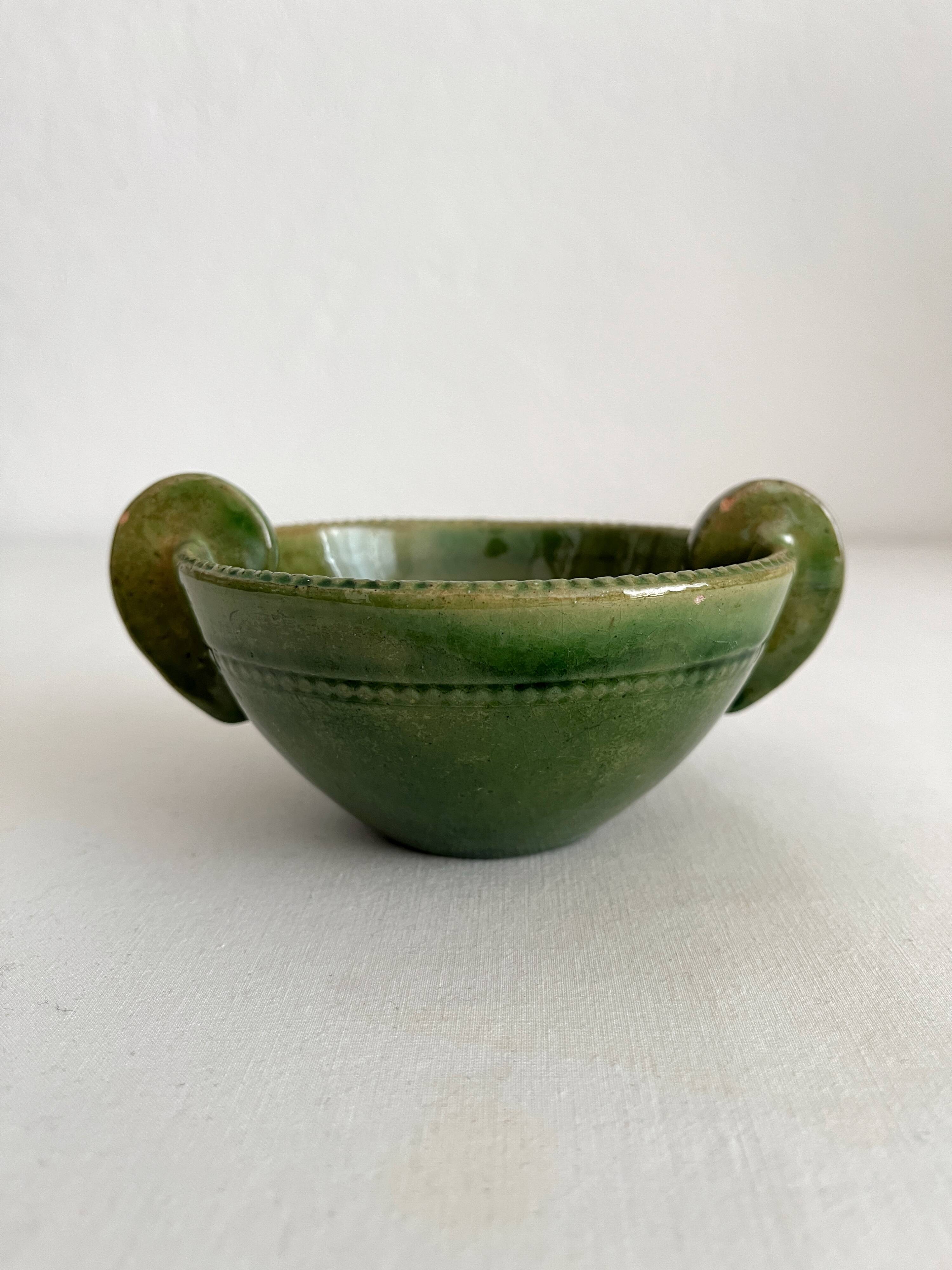 Antique green glazed ceramic bowl with handles, Tamegroute type