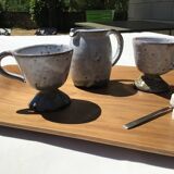 Signed grey-white artisanal stoneware cups and pot
