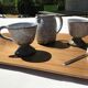 Signed grey-white artisanal stoneware cups and pot