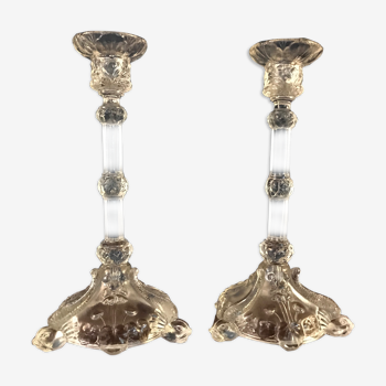 Paire de chandeliers en verre moulé vers 1940 au décor style art asiatique