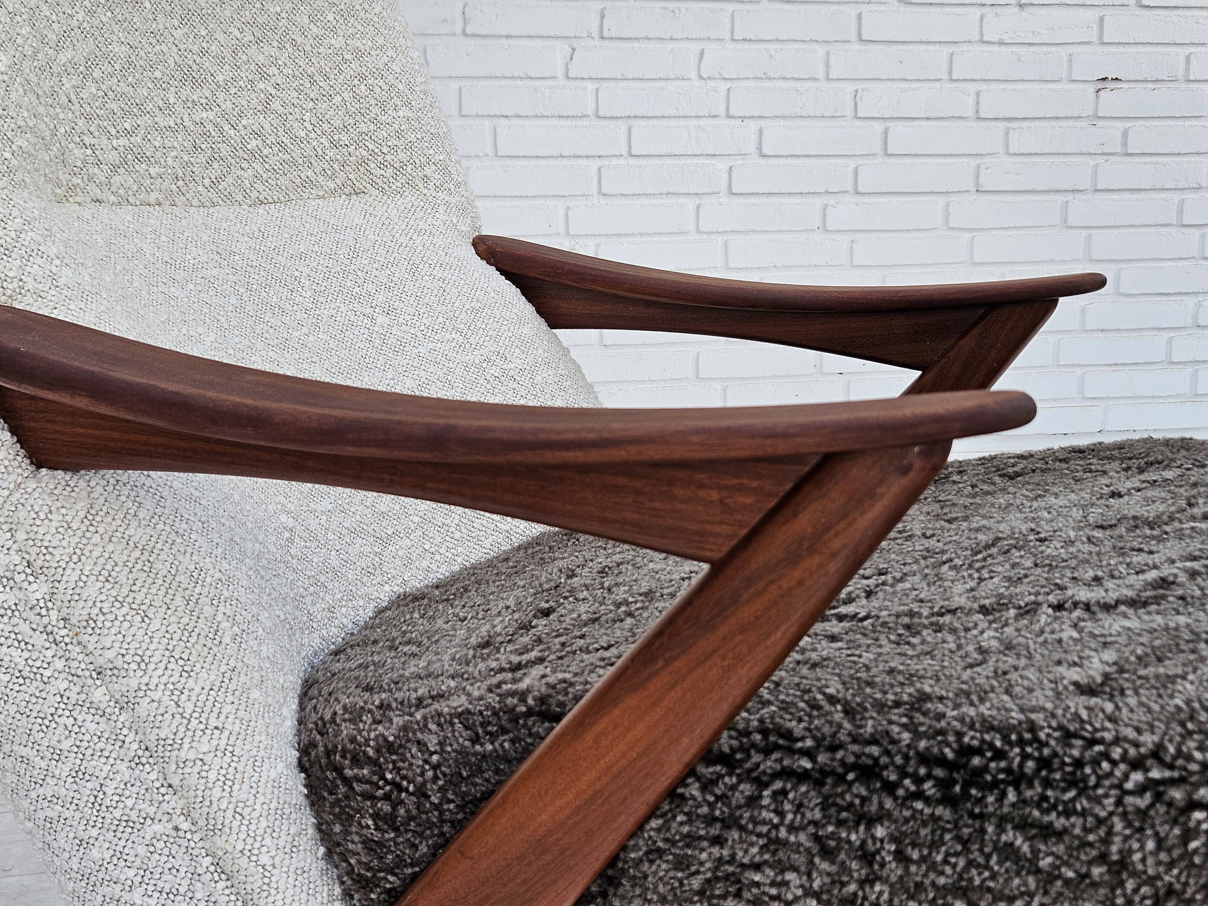 1960s, Scandinavian design, reupholstered armchair, furniture fabric, genuine sheepskin, teak.