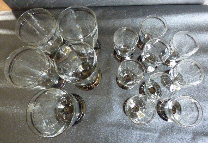 2 series of vintage glasses with black stems from the 1930s.