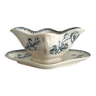 Antique iron earthenware sauceboat with flowers and birds "Malaga" Petrus Regout
