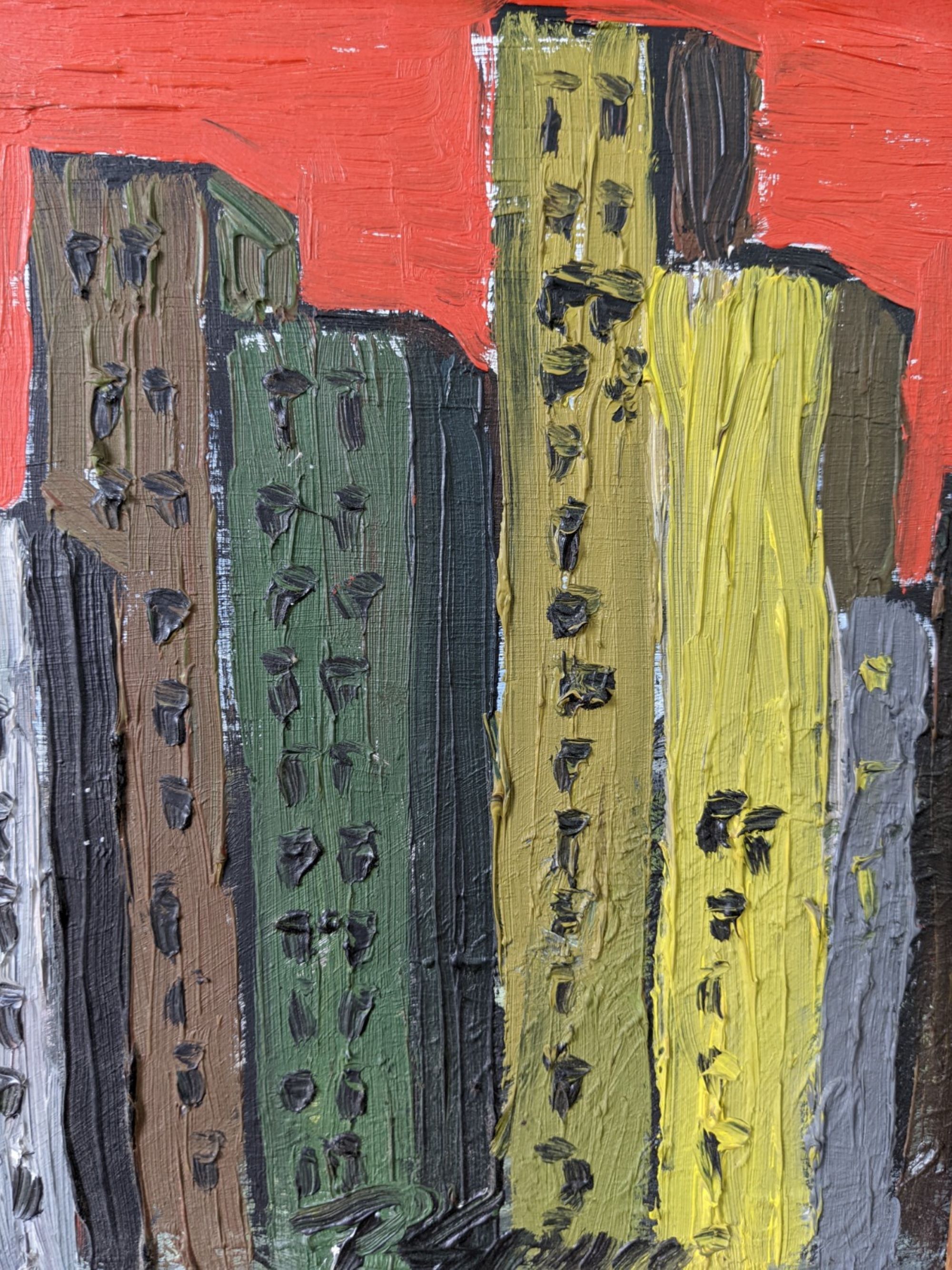 Mid-Century Modern Swedish "Skyline" Vintage Framed Cityscape Oil Painting