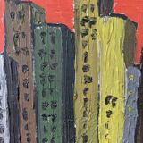 Mid-Century Modern Swedish "Skyline" Vintage Framed Cityscape Oil Painting