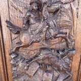 Ancien panneau porte bois sculpté bas relief scène de chasse (chêne)