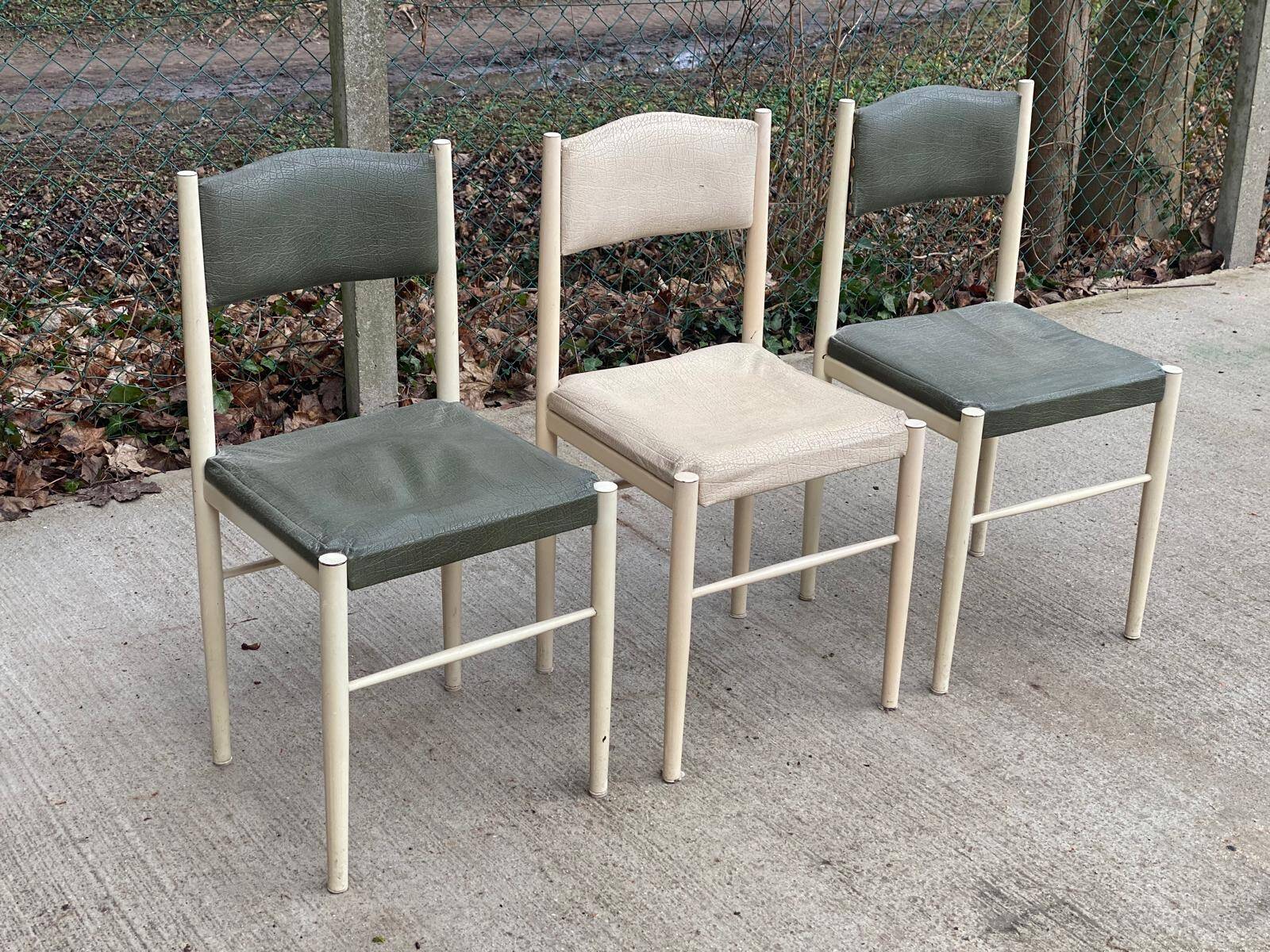 3 Scandinavian Baumann style chairs, steel and white and dark green crocodile leather
