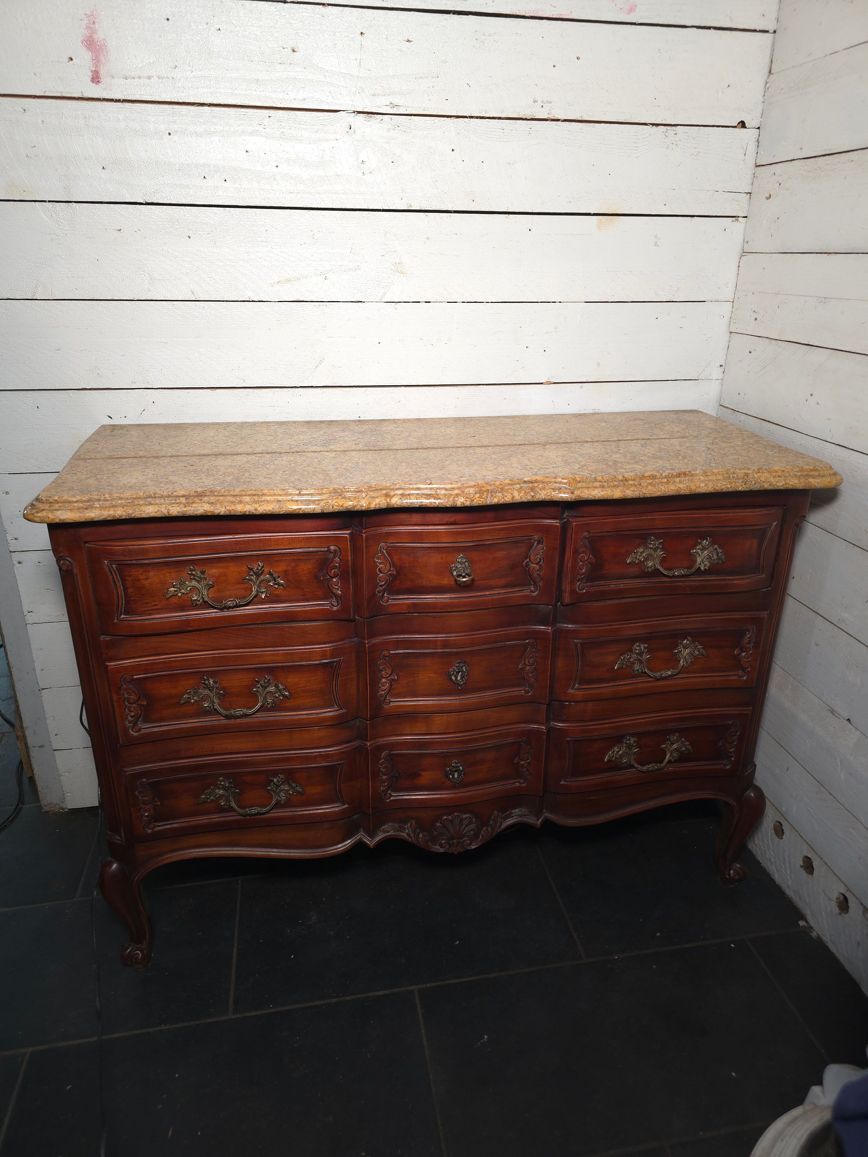 Crossbow commode in solid cherry wood, Louis XV style with marble top.