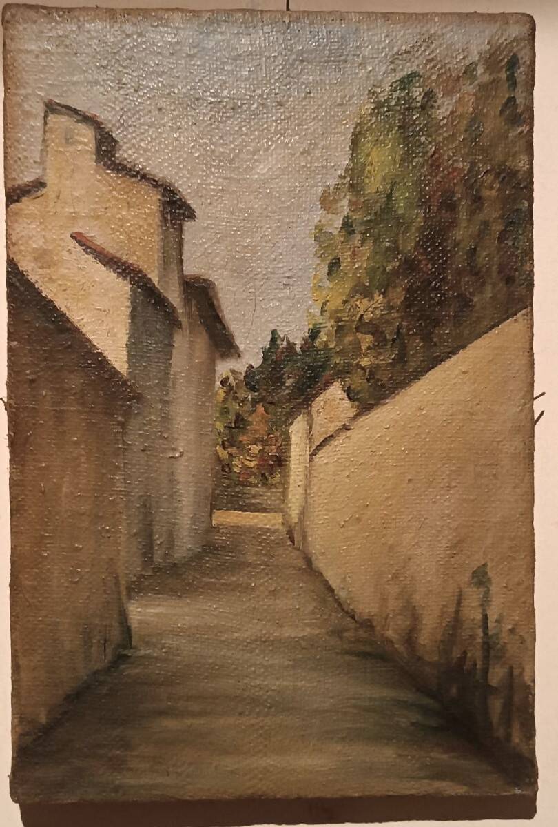 Antique painting from the late 19th century, a view of the village, oil on canvas