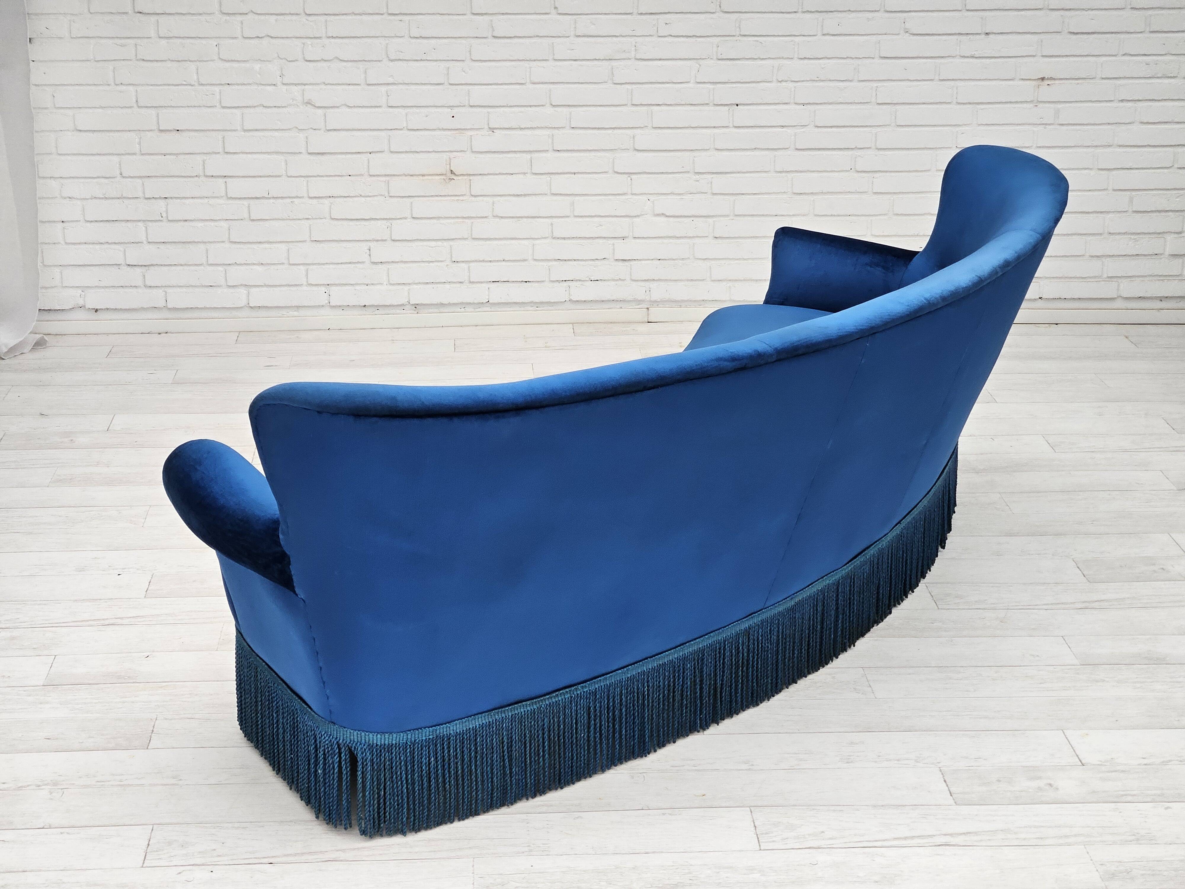 1960s, Danish 3-seater curved sofa, blue furniture velour, beech wood legs.