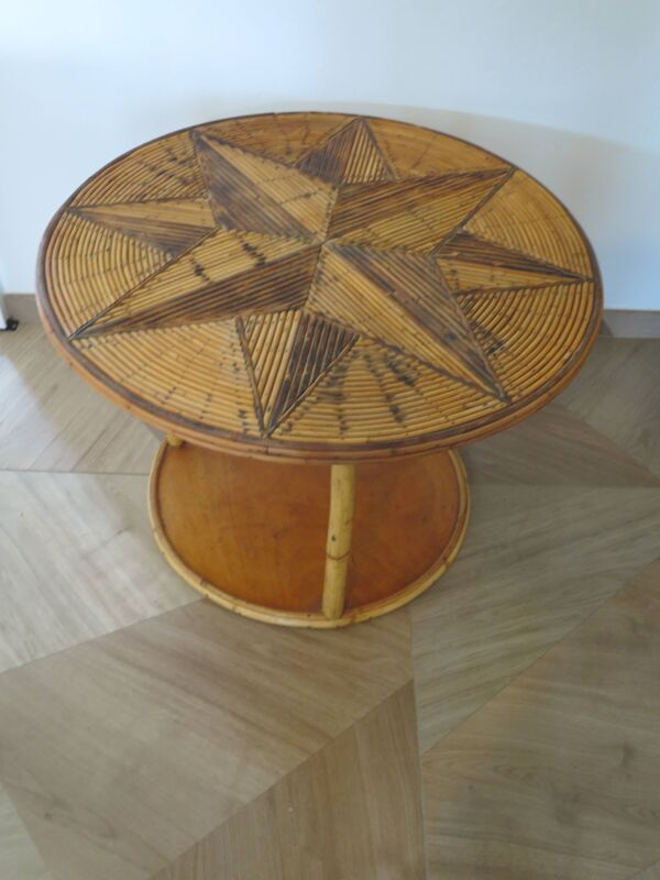 Table basse ronde bambou rotin et bois motif étoile années 80