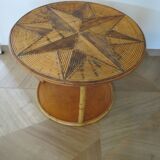 Round coffee table with bamboo, rattan and wood, star pattern, 80s