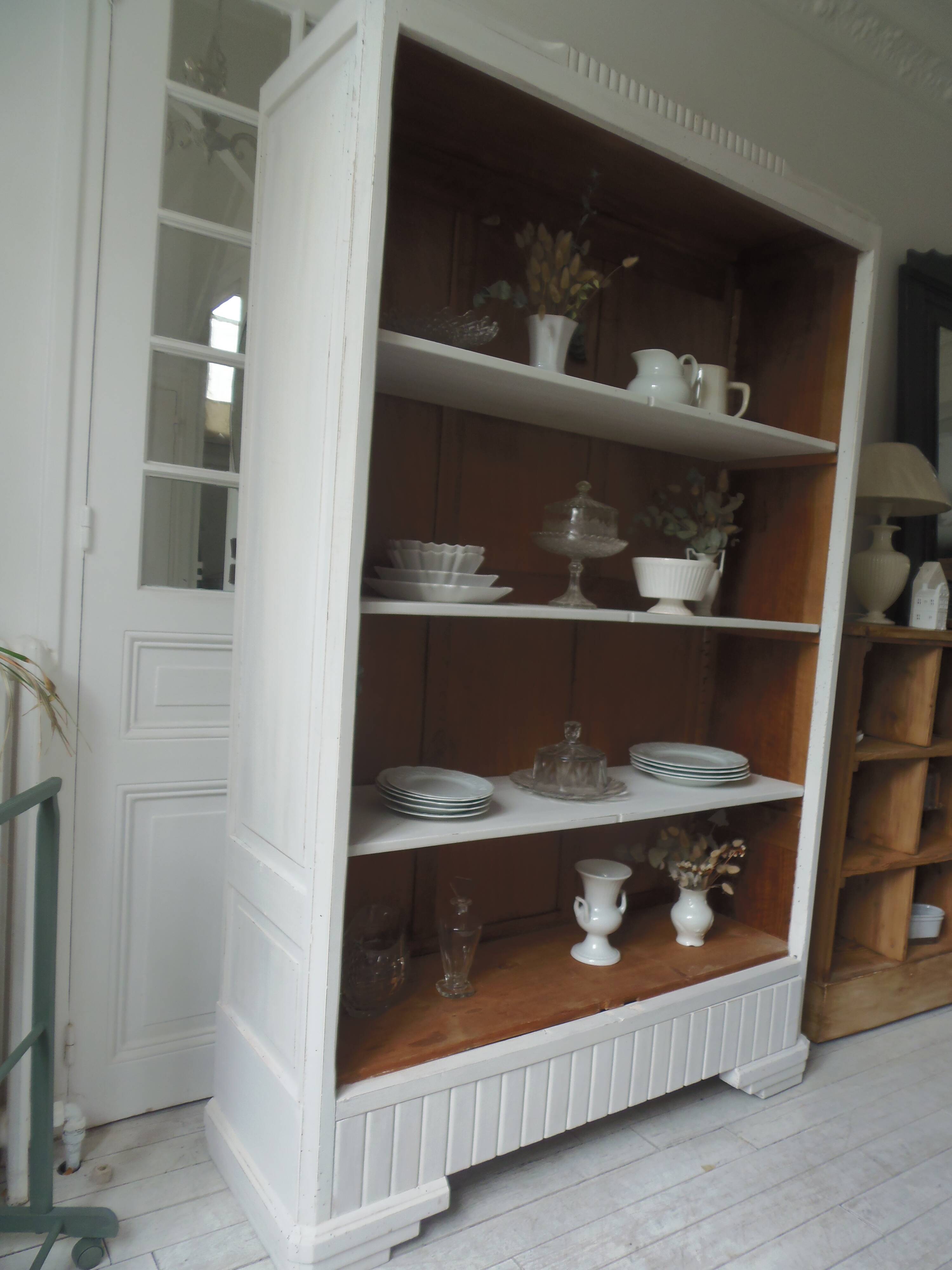 Re-enchanted vintage bookcase in pearl grey waxed finish.