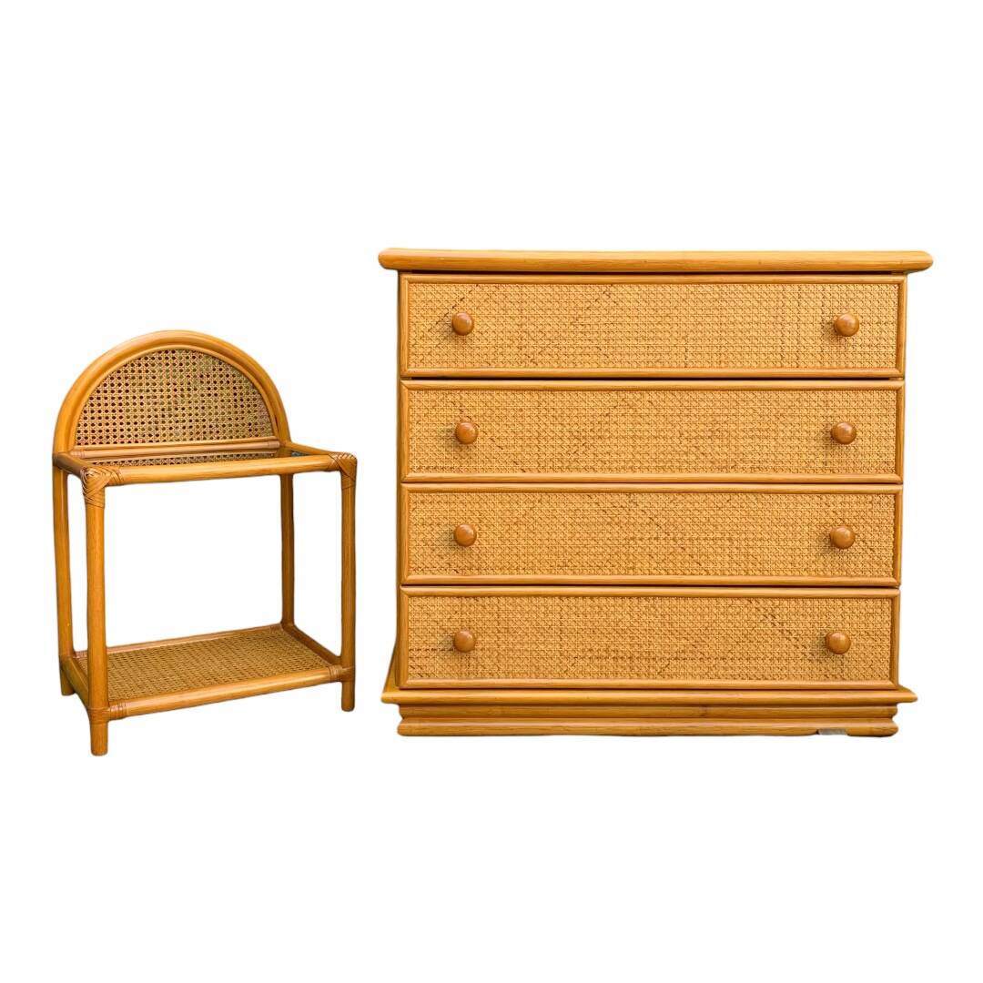 Chest of drawers and bedside table in rattan cane and oak, vintage 1970s