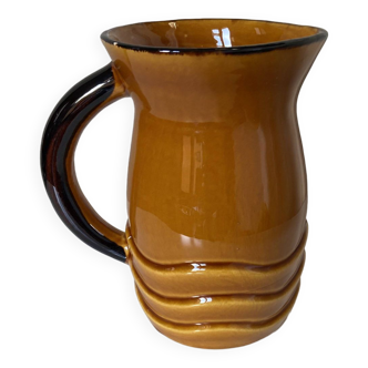 Vintage pitcher carafe Water pot, jug, enamelled ceramic PL France corrugated