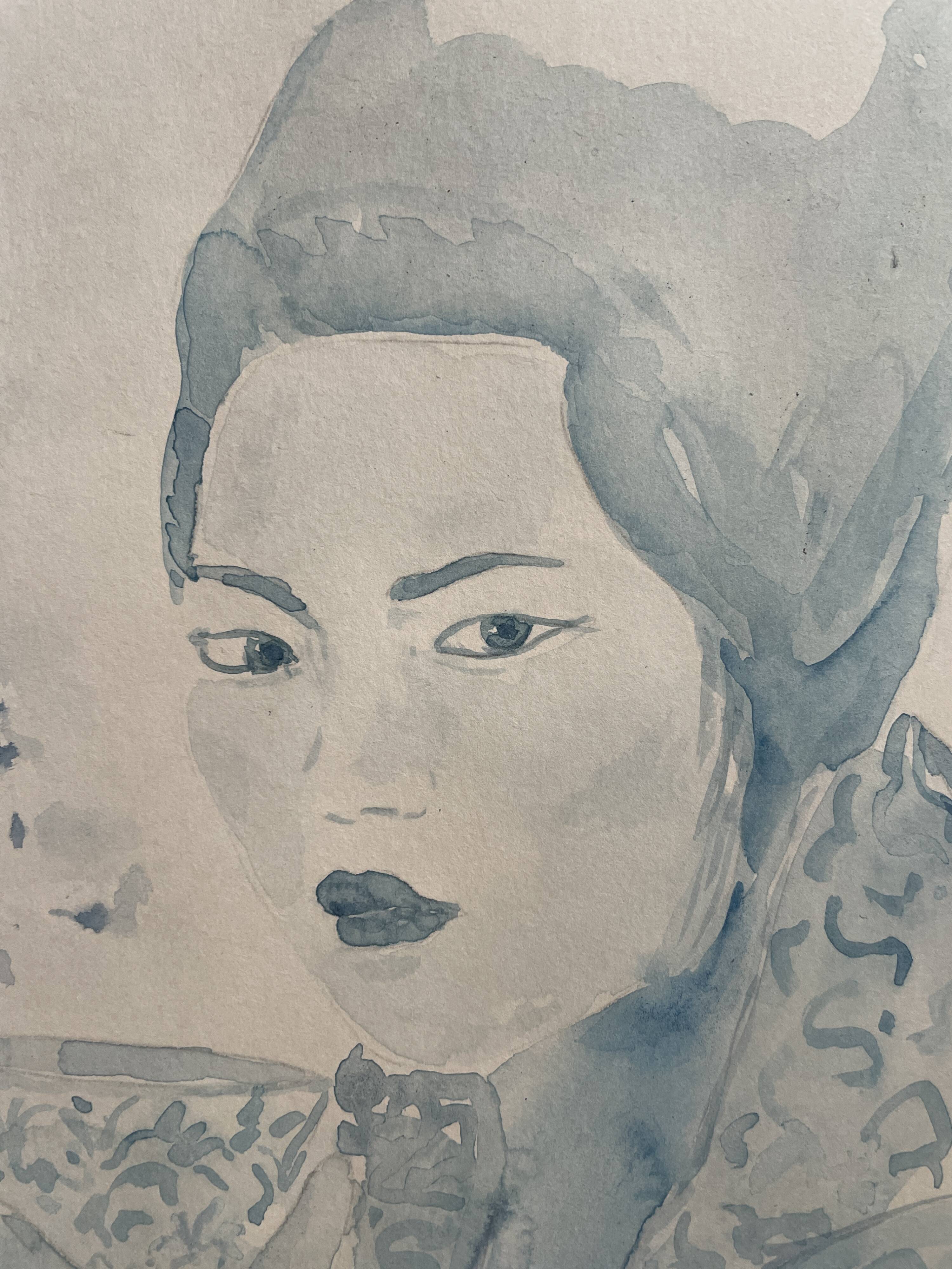 Signed blue watercolor painting “Geisha Tea Time” Japan