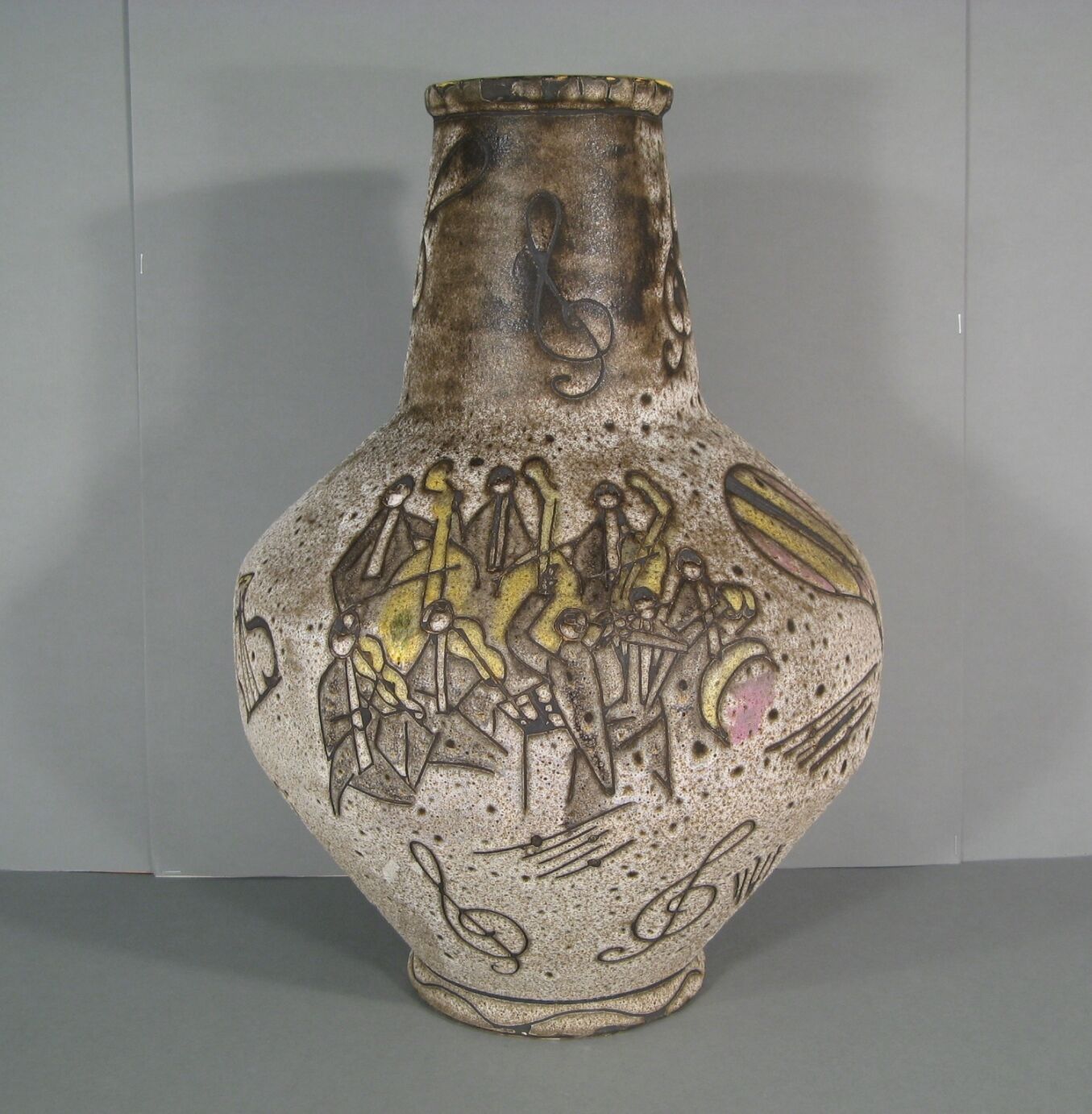 Vallauris ceramic vase signed Bessone décor orchestra instrument music
