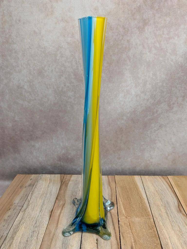 Vintage glass vase in blue and yellow Murano style.