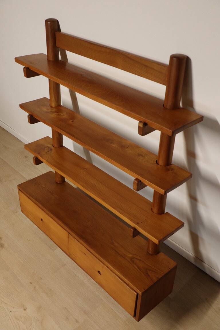 Vintage wall shelf unit in solid elm, 1970s