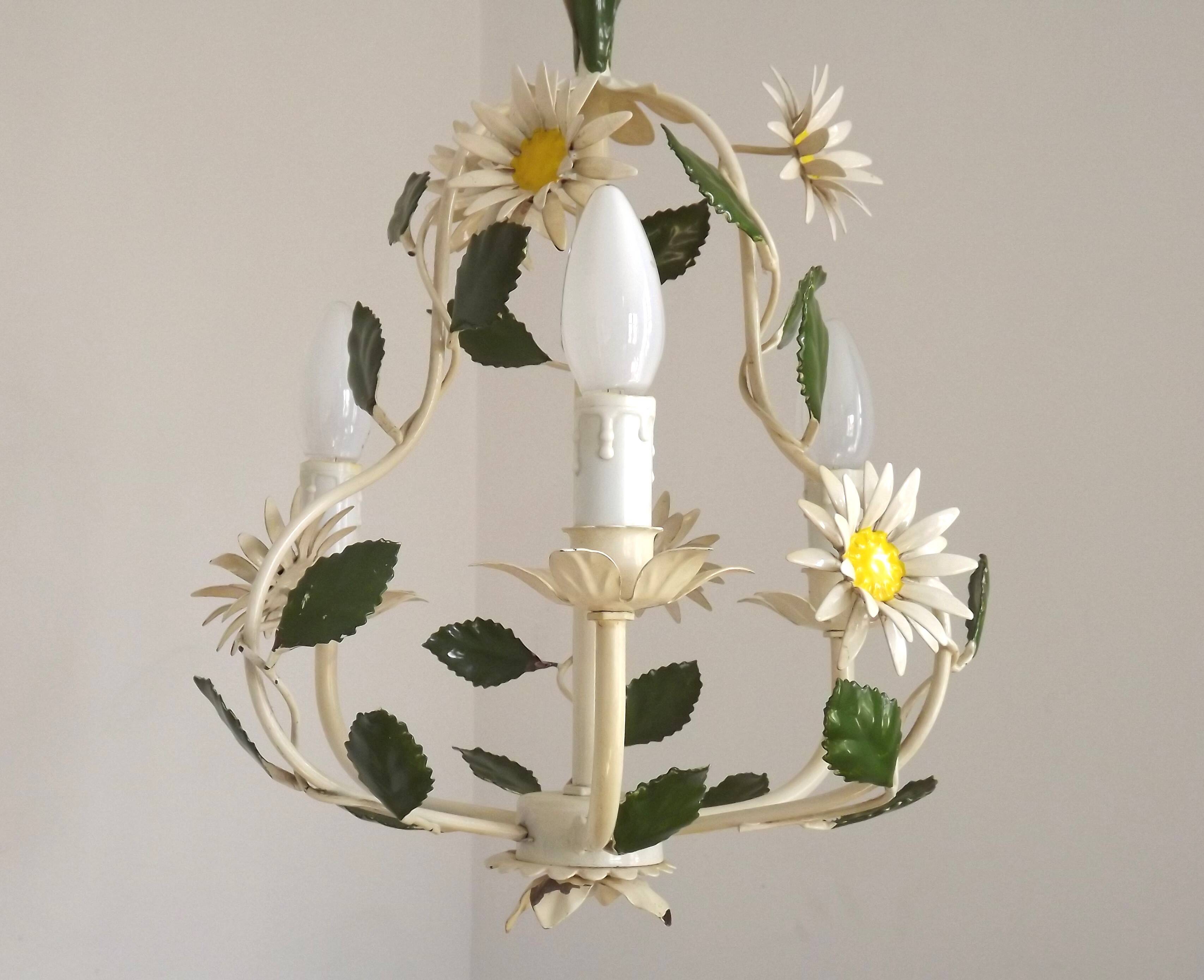 French Vintage 3 Light Daisy Flower Metal Cage Chandelier