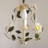 French Vintage 3 Light Daisy Flower Metal Cage Chandelier