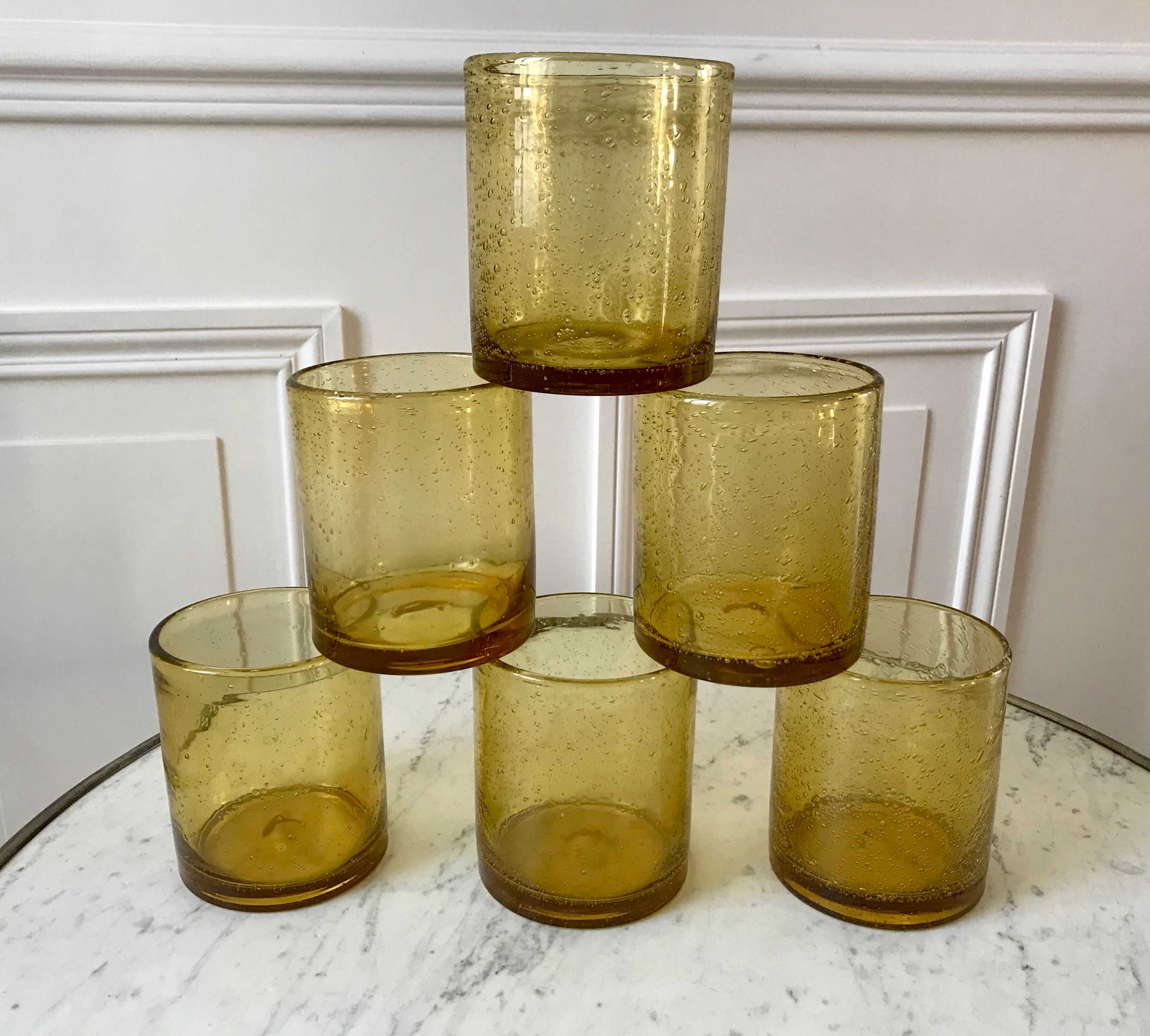 Set of 6 yellow bubble glass water glasses 70s