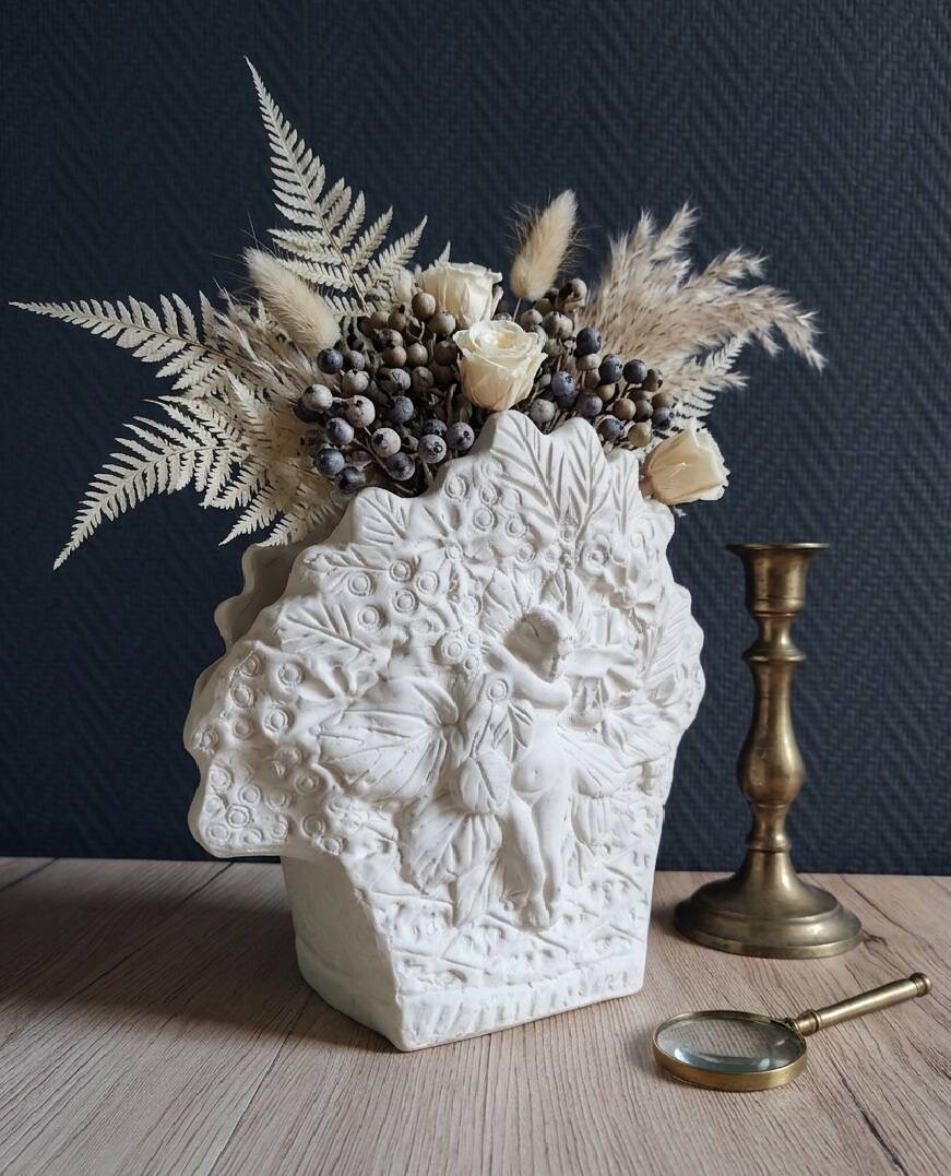 Angel Vase in White Plaster, Vintage Planter with Cherub and Flower Motif