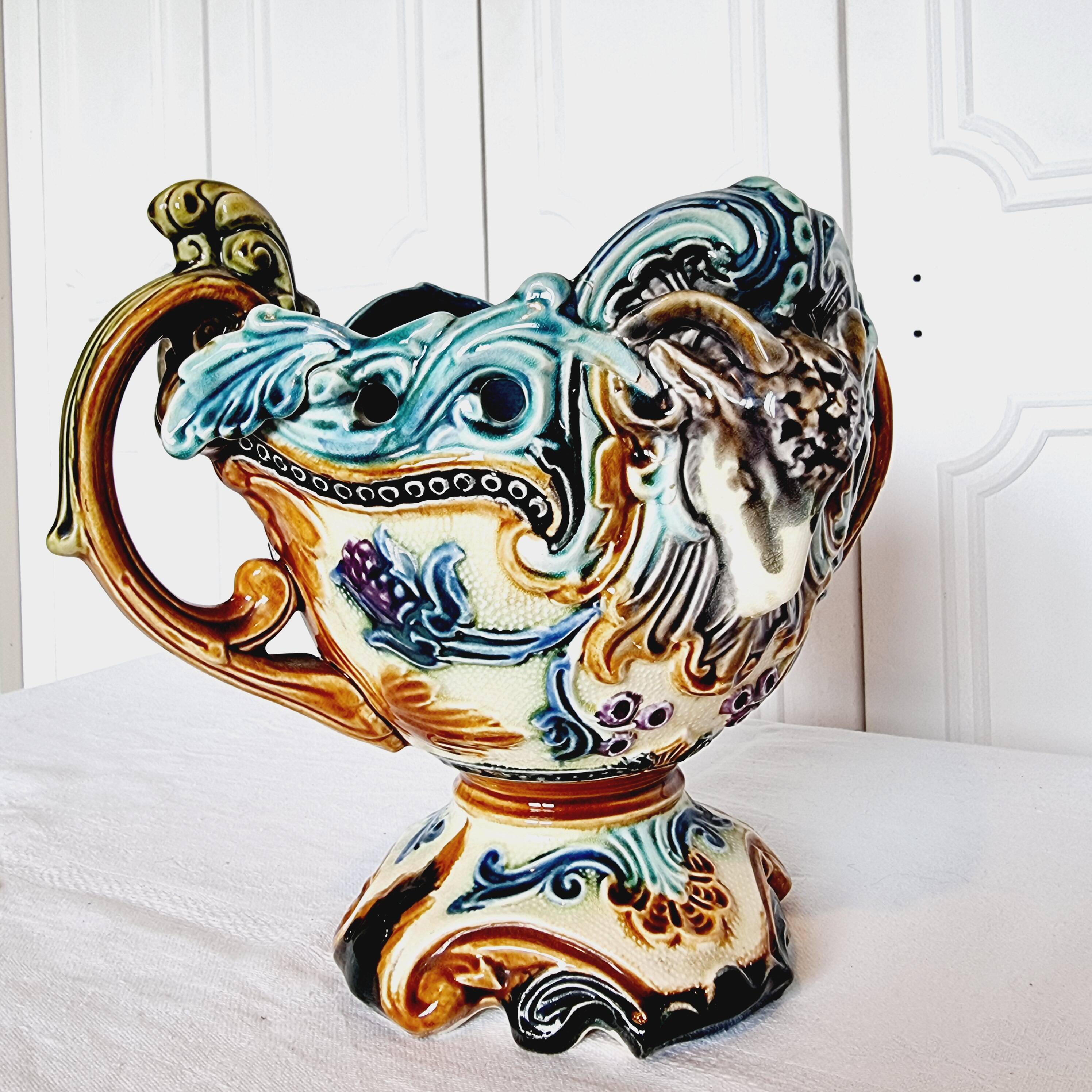 Vase Jardiniere Glass Planter from 1900 Antique Majolica Onnaing Barbonite Collection