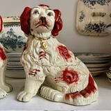 Pair of red Cavalier King Charles dogs in Staffordshire pottery, 19th century.