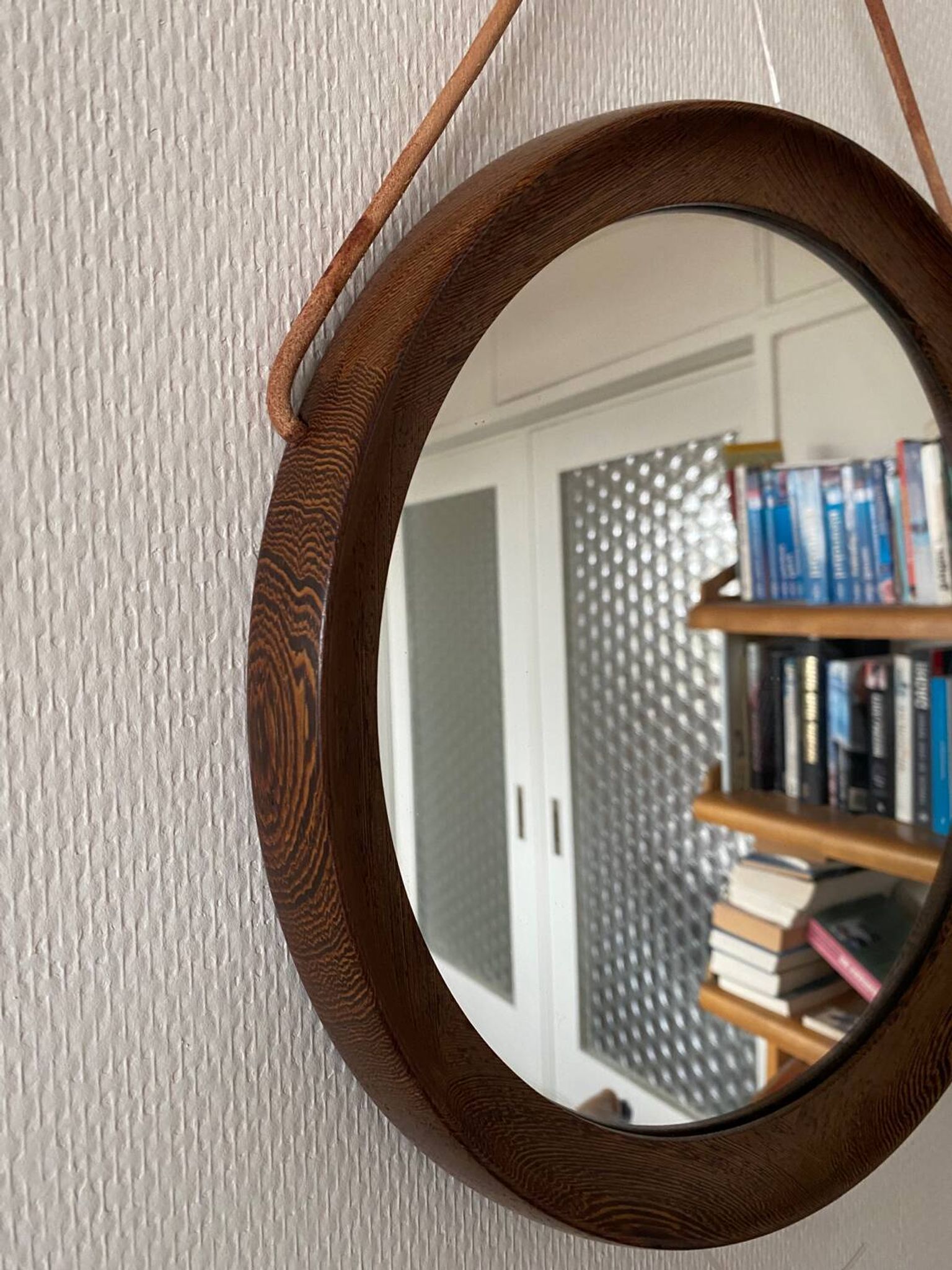 Mid-Century Scandinavian Round Wenge Wood Mirror with Leather Strap, 1950s