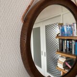 Mid-Century Scandinavian Round Wenge Wood Mirror with Leather Strap, 1950s