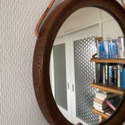 Mid-Century Scandinavian Round Wenge Wood Mirror with Leather Strap, 1950s