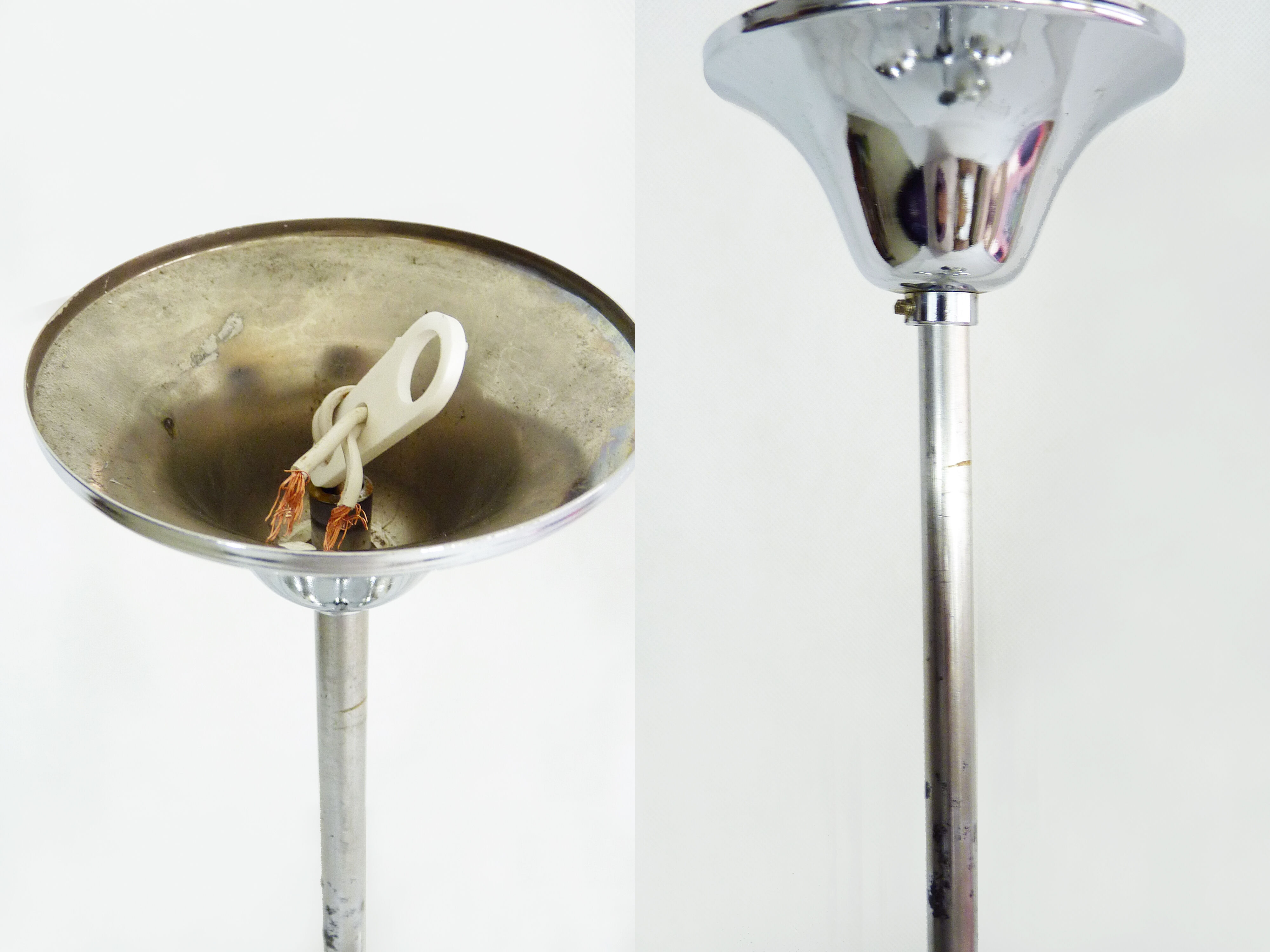 Old 3-branched chandelier in chrome metal and mirrored chrome globe, year 70