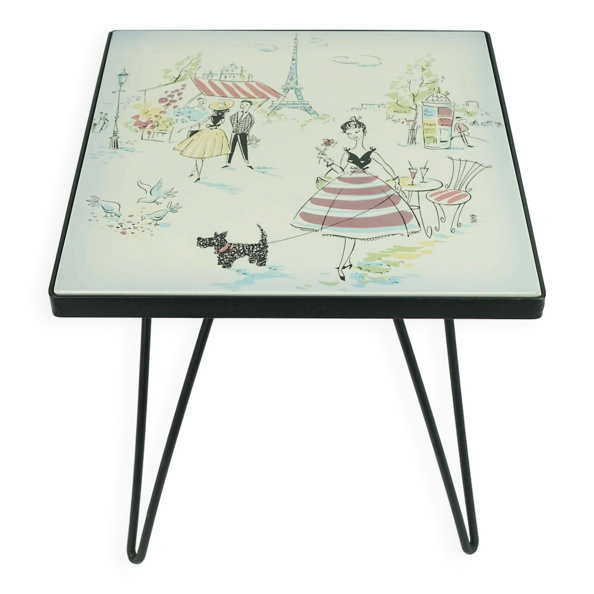 Plant stand with ceramic tile top paris motif metal frame hairpin legs 50s